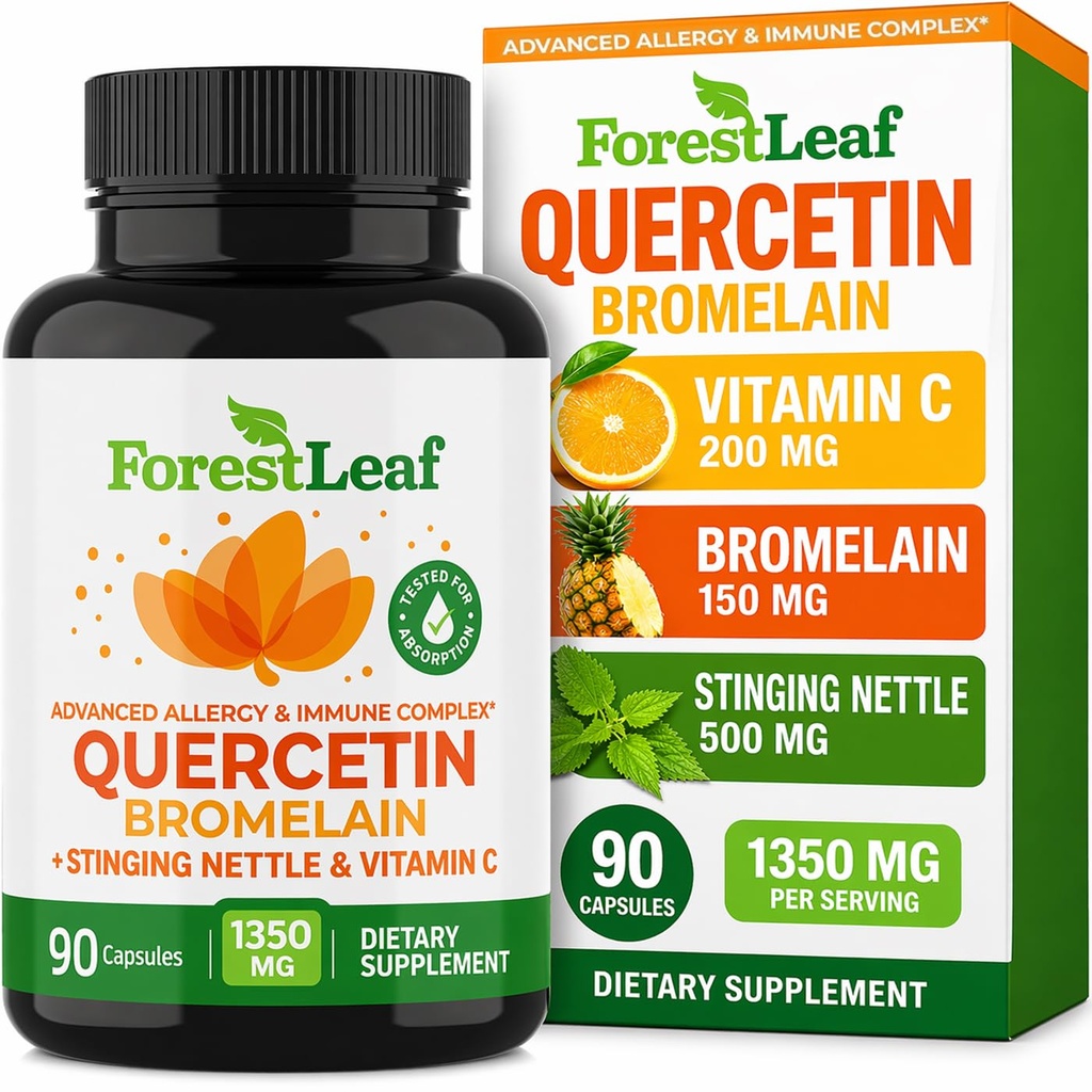 ForestLeaf Quercetin avec Bromelain 1350mg - Mélanger avec supplément de vitamine C et de nervure scintillante, capsules Quercetin 500mg, sans gluten sans OGM, fonction immunitaire et respiratoire naturelle, 90 capsules de légumes