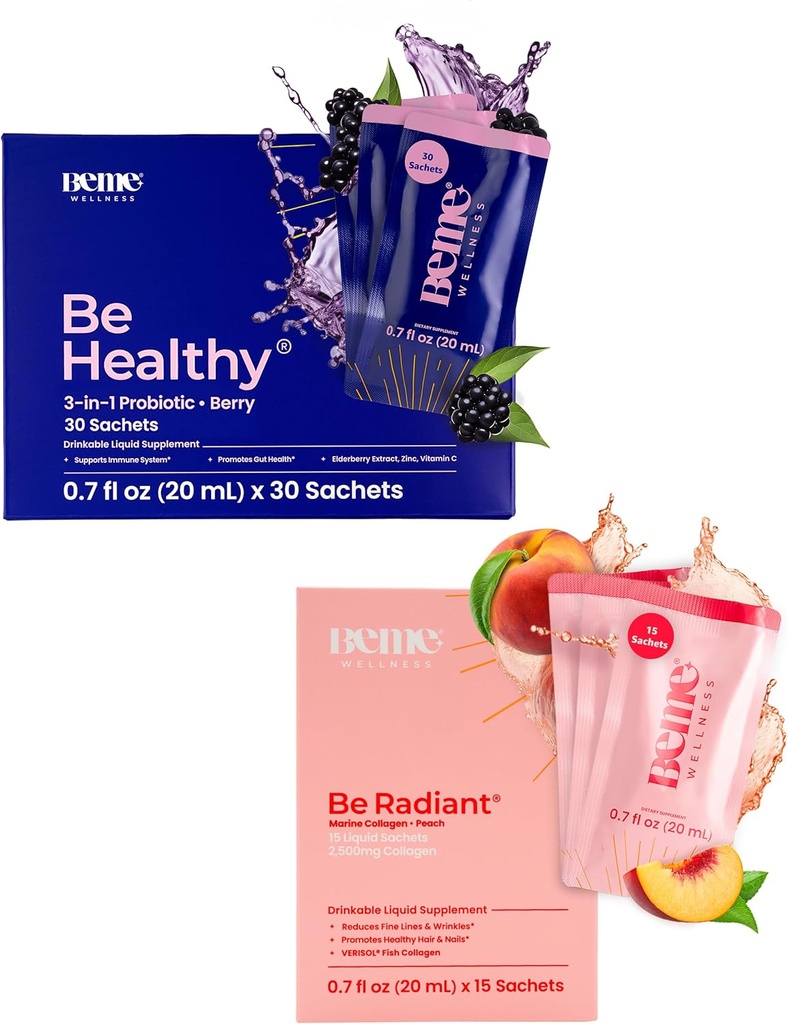 BeMe BeHealthy & BeRadiant Peach Bundle - Flüssige Probiotika & Flüssige Collagen Getränke Beilagen