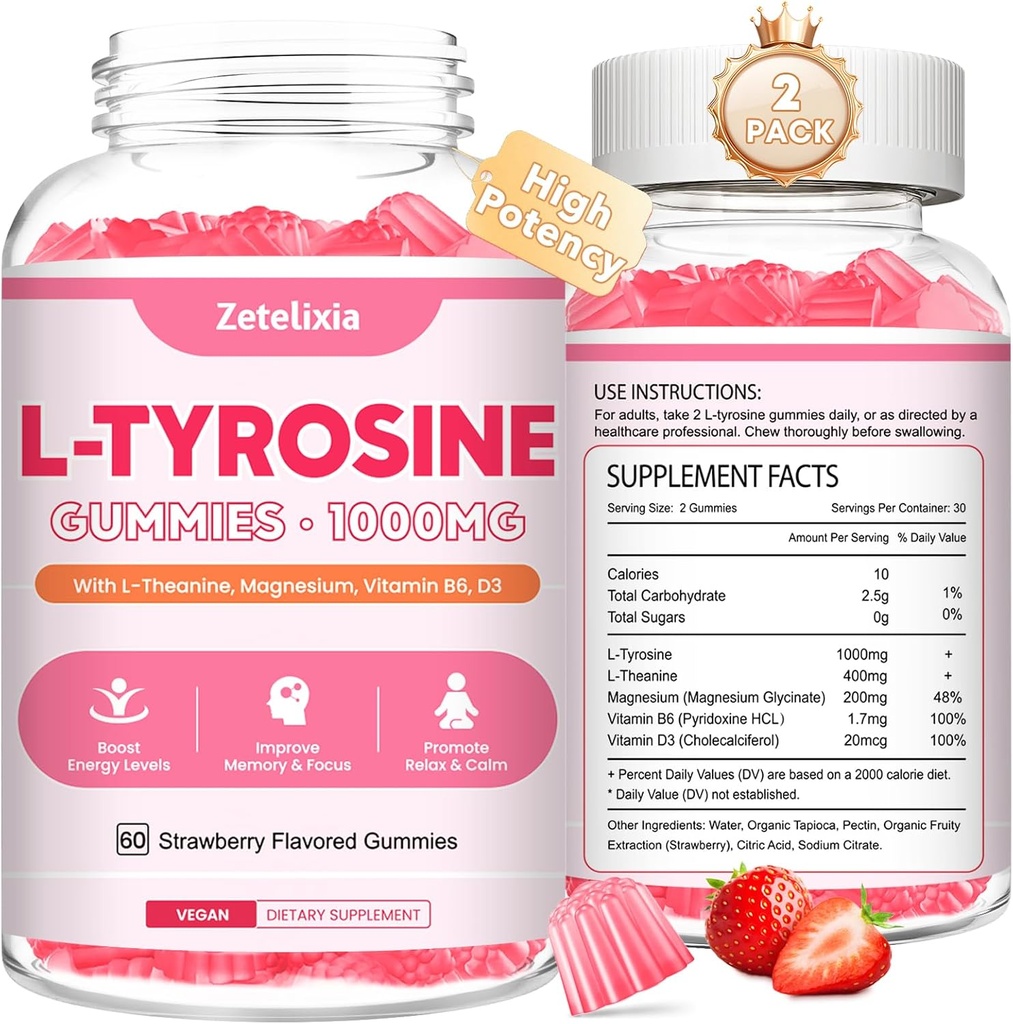 Gommies à la tyrosine de 2 paquets L, Gommies supplémentaires à la tyrosine de L, Gommies à la L-théanine avec vitamine B6 D3, Gommies focales support mémoire, énergie, humeur pour les adultes et les enfants, saveur de fraise, 120 comte