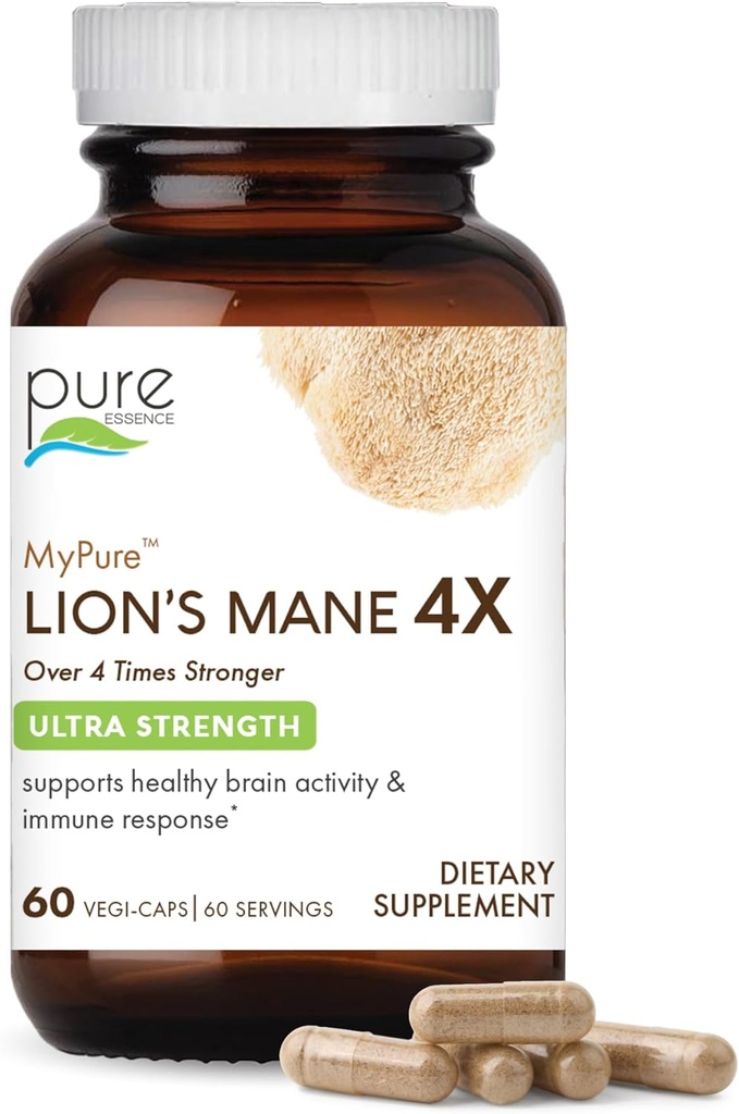 PURE ESSENCE LABS MyPure Lion's Mane 4X - Ultra Strength Brain Support Supplement mit 6:1 Hot Water Extract & 10:1 Extrakt für kognitive Gesundheit, Fokus, Memory & Mental Clarity, 60 Kapseln