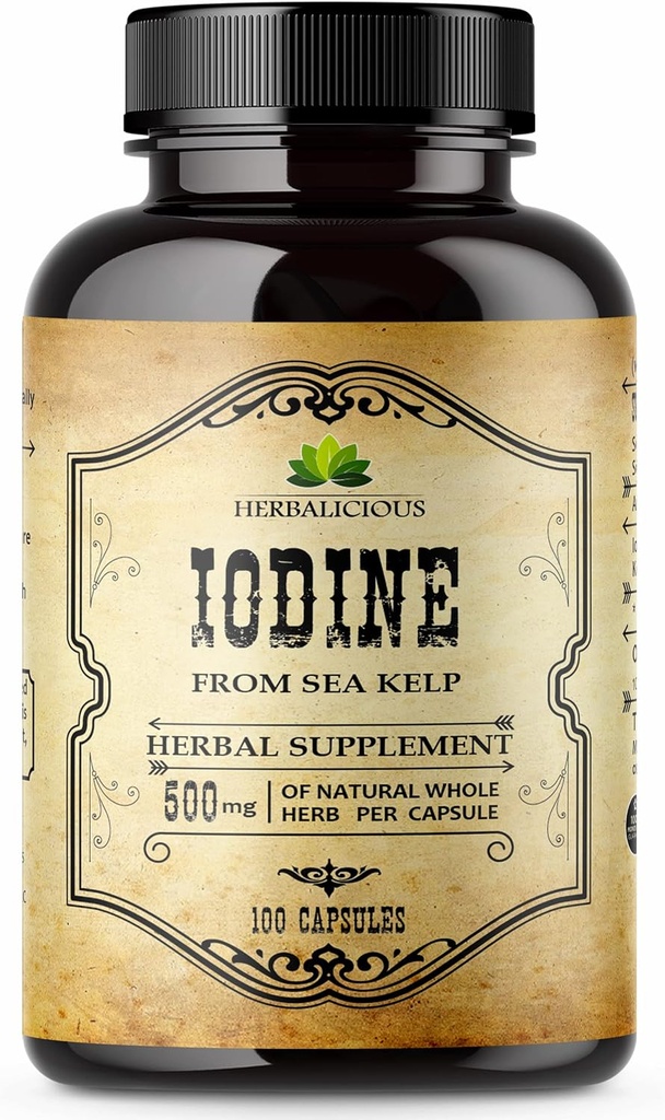 HERBALICIOUS Iodine Tablets – Natürliche Iodine von Sea Kelp – Schilddrüsenunterstützungsergänzung für Energie, Verdauung, Gehirn & Knochengesundheit – Non-GMO, Gluten-Free – 100 Kapseln
