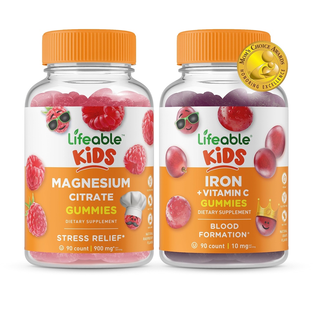 Lebensfähiges Magnesium Kinder + Eisen & Vitamin C Kinder, Gummis Bundle - Große Verkostung, Vitamin-Ergänzung, Glutenfrei, GVOfrei, Kaugummi