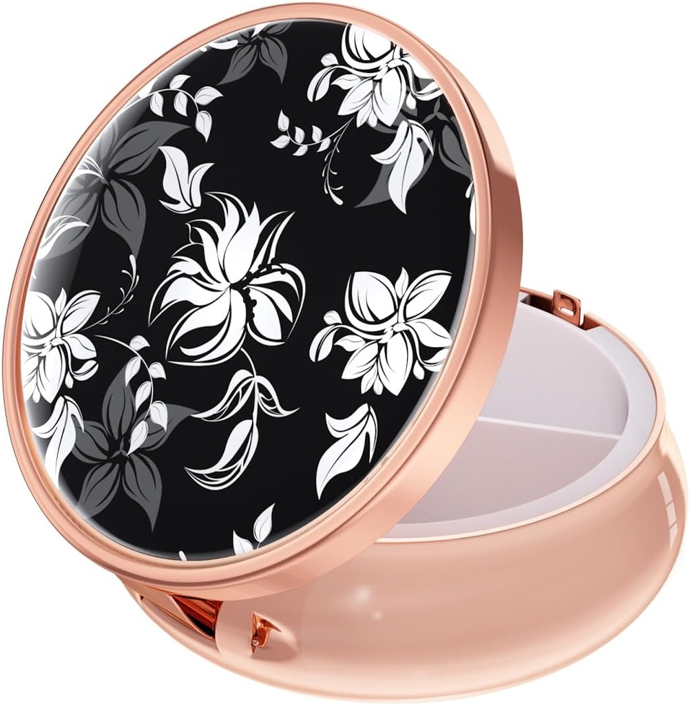 Rouidr Pille Box, 3 Compartment Medicine Pill Case, Small Metal Travel Medicine Box für Geldbörse & Tasche, Rose Gold, Schwarze Blume