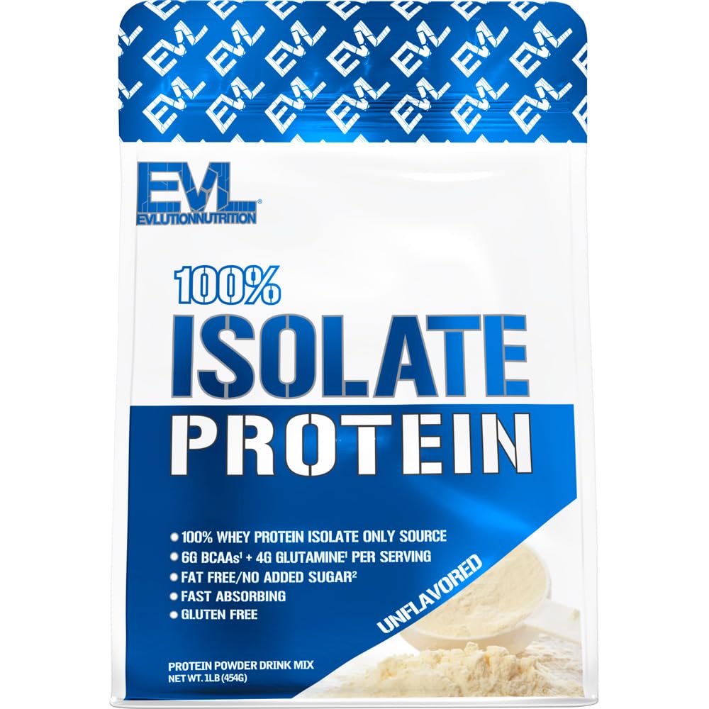 Évlution Nutrition 100% Isolée, Poudre de protéines Isolée Whey, 25 G de protéines d'absorption rapide, Pas de sucre ajouté, faible teneur en glucides, sans gluten (non aromatisé, 1 LB)