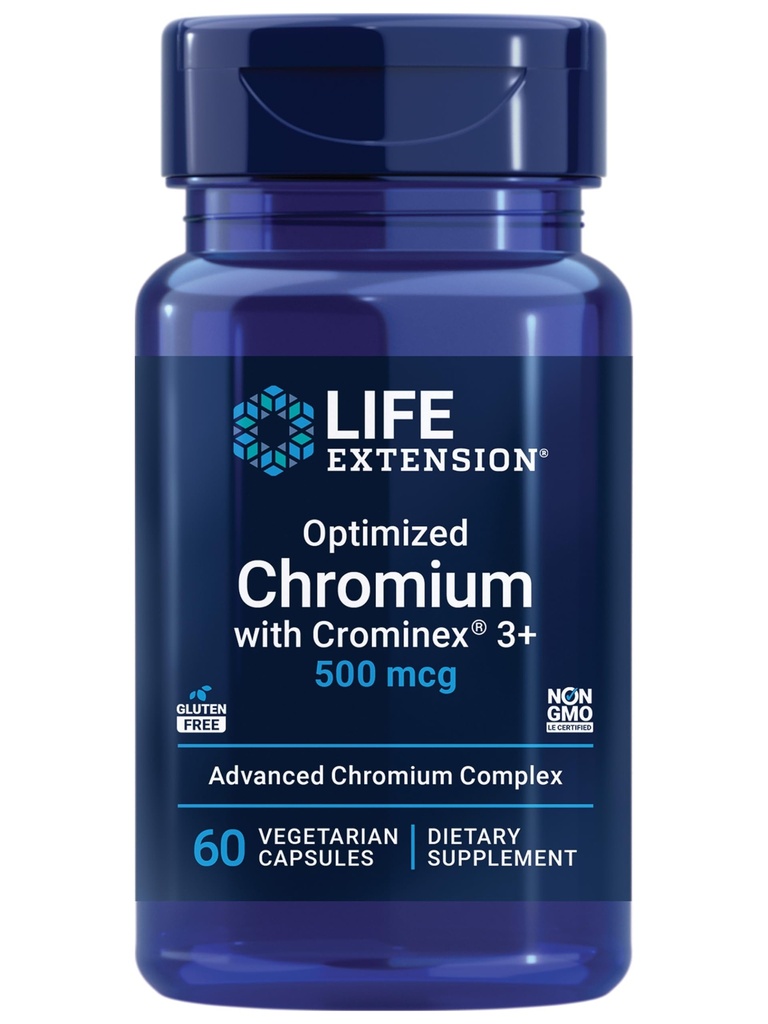 Prolongation de vie Chromium optimisé avec Cromex 3+ 500 mcg, Santé du métabolisme, Équilibre sain, Végétarien, Sans gluten, Non-OGM, 500 mcg, 60 Capsules végétariennes