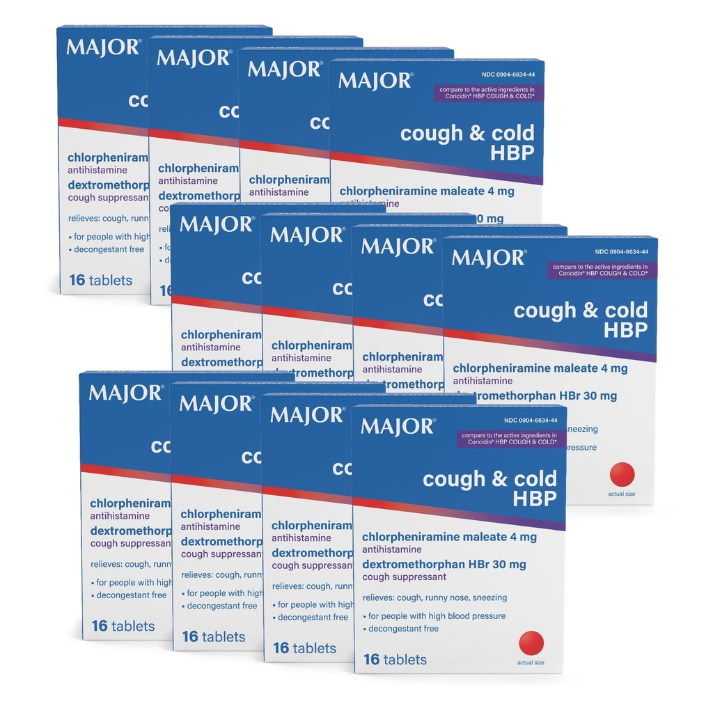 Comprimés MAJOR Toux et HBP froid - Antihistaminique et suppresseur de Toux pour les personnes ayant une pression artérielle élevée - Dextrométhorphane HBr, Maléate de chlorphéniramine - 16 Nombre (12 Pack)