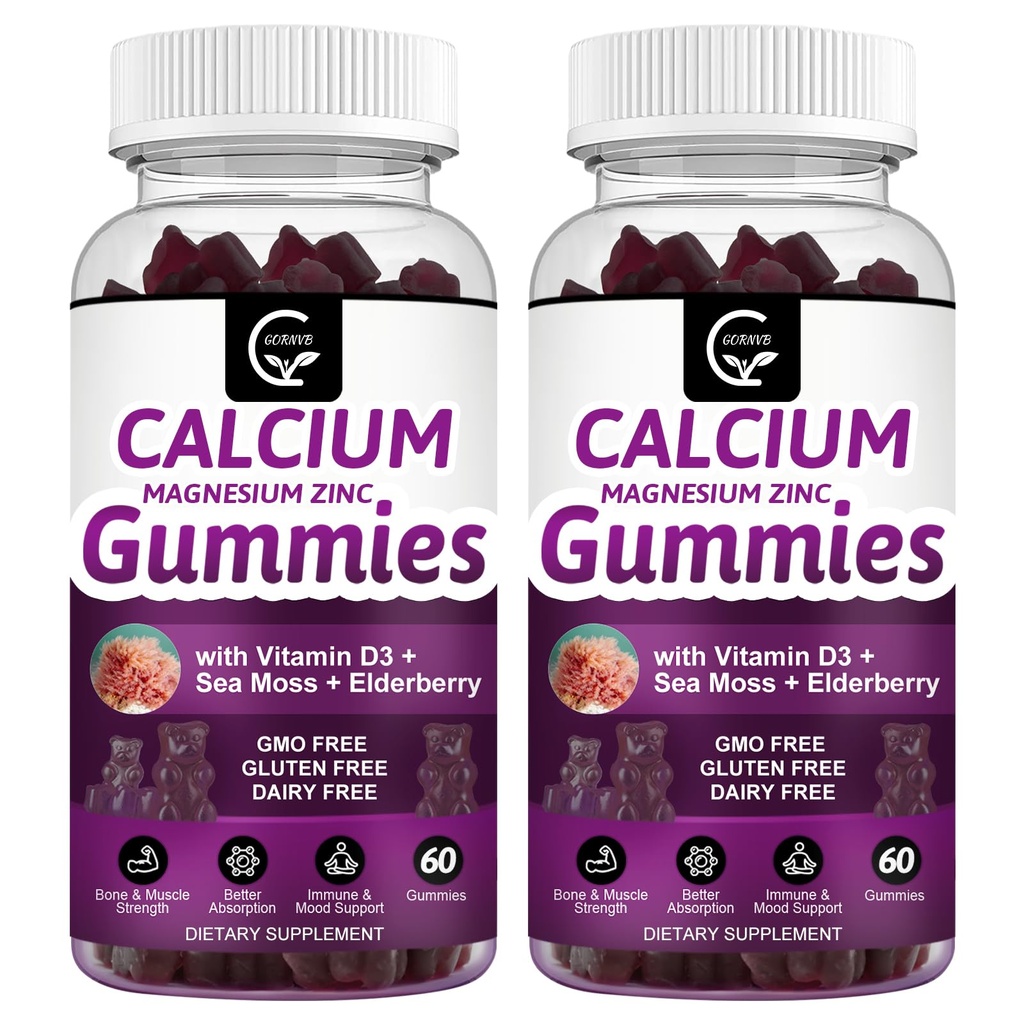 Calcium Magnesium Zink-Gummi mit hoher Absorption Magnesium Glycinat Kalium - Pflanzenkomplex Calcium Magnesium 2:1 Ratio, mit D3 Sea Moss für Knochen, Muskeln, Immun- und Schlafunterstützung, Vegan-2 Pack