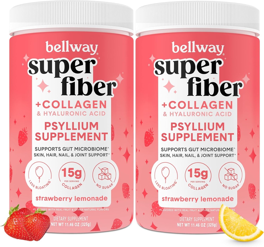 Bellway Super Fiber Powder + Collagen (2 Pack), Sugar-Free Psyllium Husk Pulver mit Collagen Peptides für Gut Gesundheit, Gesunde Haut, Nägel, Knochen & Gelenke, Erdbeer-Lemonade (22.92 Unze)