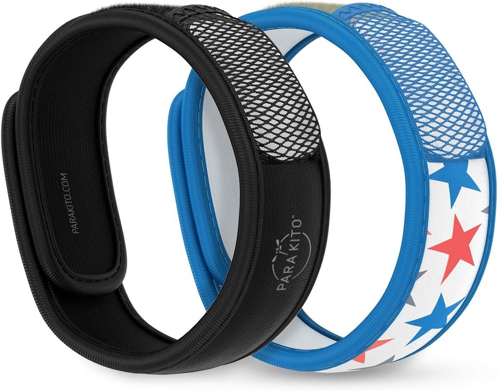 PARA'KITO Moskito Repellent Armbänder + Refill Pellets Bundle, Moskito Armbänder, Pfefferminzöl, DEET Free Moskito Repeller, Wanderzubehör, 2 Armbänder & 2 Refills (schwarz + Sterne)