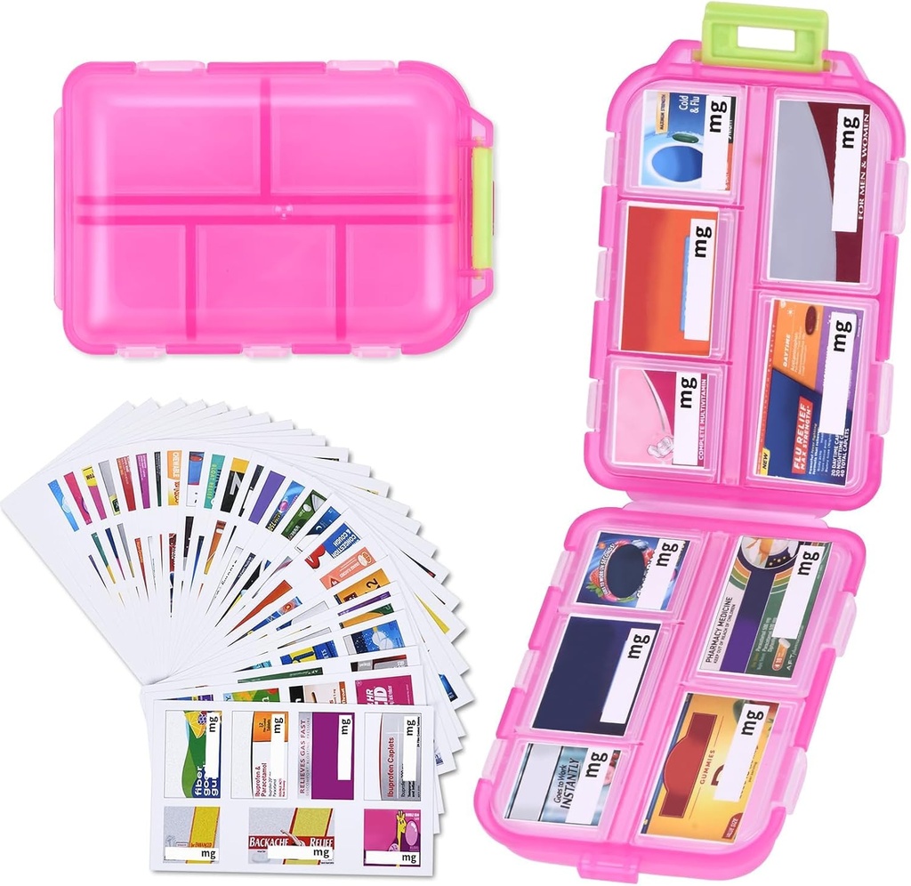 1 Pack 10 GRIDS Travel Pill Organizer Box mit 189 Labels - Travel Medicine Case Kit - Pocket Daily Pharmacy Container - Travel Medication Holder Dispenser für Fish Oil Vitamin Supplement Storage