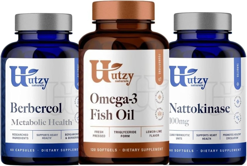 Utzy Naturals Berbercol | 500mg Citrus Bergamotte (als Bergamonte) & Berberine, Nattokinase | 100mg + Omega 3 Fischöl