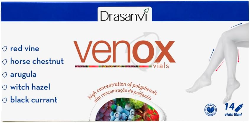Drasanvi Vénox Vials 14 Vials 10ml Chaque poids total 14ml - Soins de santé - Usage quotidien - Complément alimentaire - Extraits de fruits rouges - Ingrédients naturels - Châtaigne de cheval - Vitamines C, E et A.