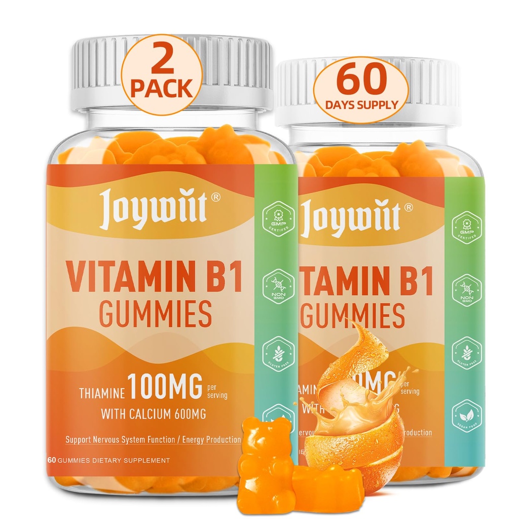 Vitamine B1 Gummies 100mg pour les adultes et les enfants, Thiamine B1 Supplément avec 600mg Calcium, Système nerveux Supports et Boost Energy, Orange Flavor, Non OGM, Vegan, 120 Gummies à croquer