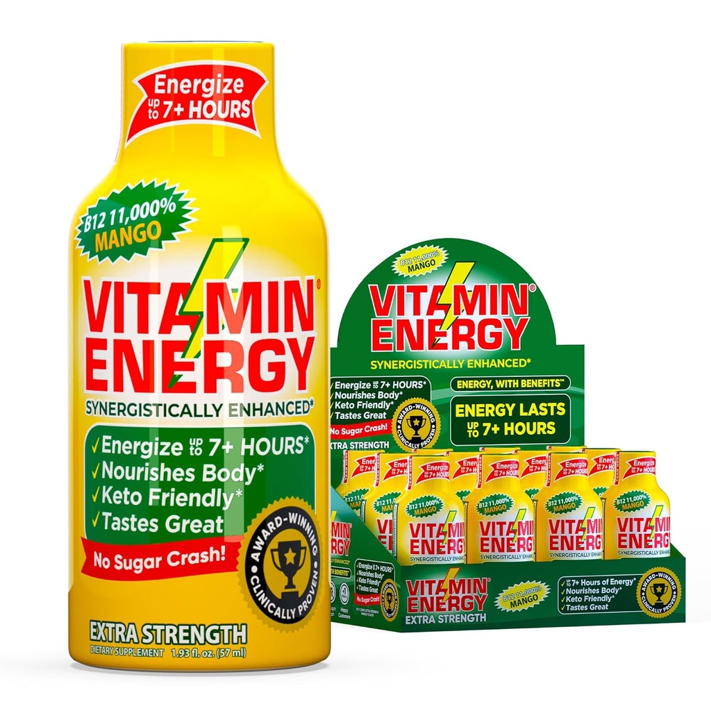 Vitamin Energy B12 11.000% Extra Strength Energy Shot Mango 12 Pack, 260mg Natural Caffeine, B12 & B6, Nootropic Focus, Vitalität, Zero Sugar, Gluten-Free, Vegan, Kosher, 1.93 fl oz