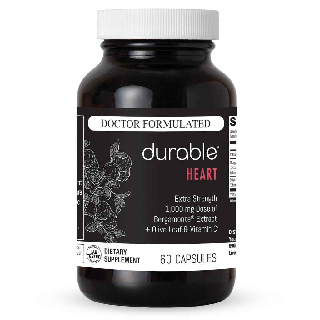 Cœur durable – Bergamonte Citrus Bergamot 1000 mg + Extrait de feuille d'olive + vitamine C - Supplément santé cardiaque pour le cholestérol sain - Médecin formulé, végétalien, non-OGM, fabriqué aux États-Unis (60 capsules)