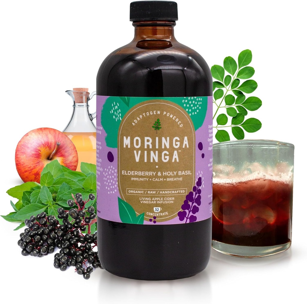 VINGA Organic Elderberry & Holy Basil Moringa Infusion – Tägliche Kräutertonik mit Apfelessig, Ingwer, Hibiscus, Honig | Unterstützt Immun- & Gesamt Wellness | Non-GMO, 16 oz