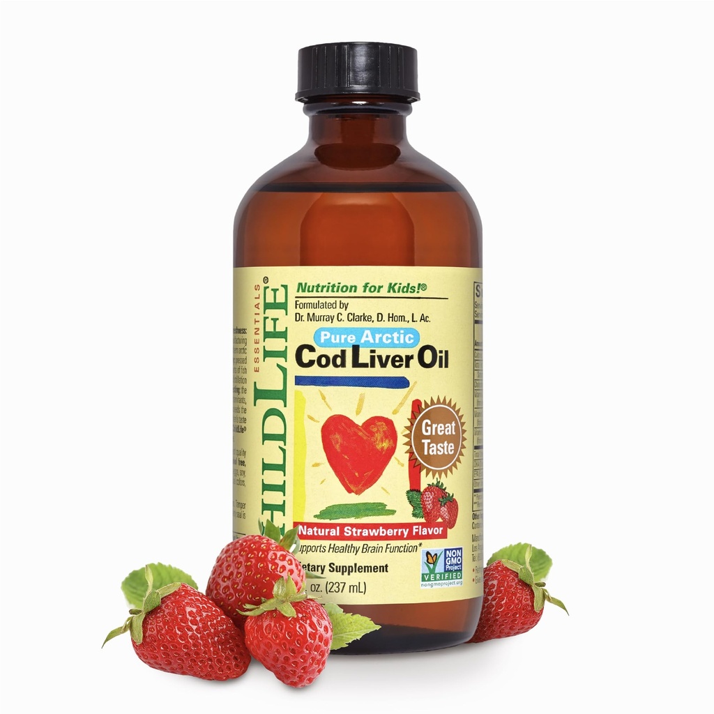 CHILDLIFE ESSENTIALS Cod Liver Oil für Kinder - Kids Cod Liver Oil Liquid, für Babys 6+ Monate, Kleinkinder, Hinzugefügt DHA, EPA, Omega-3 Fettsäuren - Erdbeere, 8 fl oz