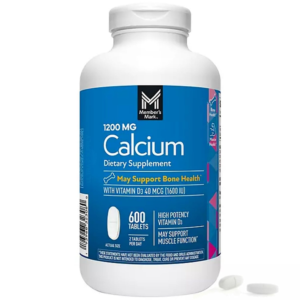 Mitglieder Mark Kalzium mit Vitamin D3 Tabletten, 600 ct. - Unterstützt Knochen & Muskel Gesundheit - Hohe Potenz Kalzium 1200 mg & Vitamin D3 40 mcg