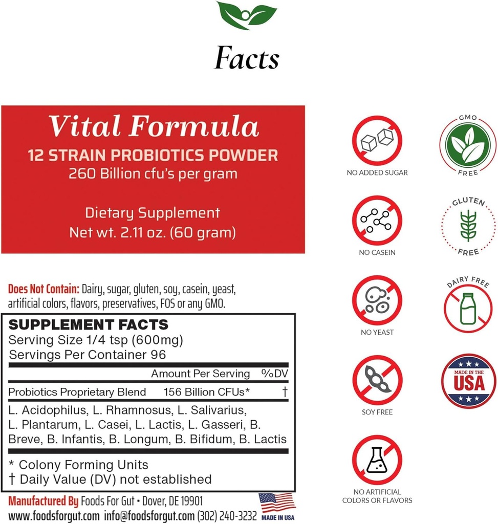 Aliments pour Gut Vital Formula 12 Strain Probiotiques Poudre 260 Million CFU-Fabriqués aux États-Unis.