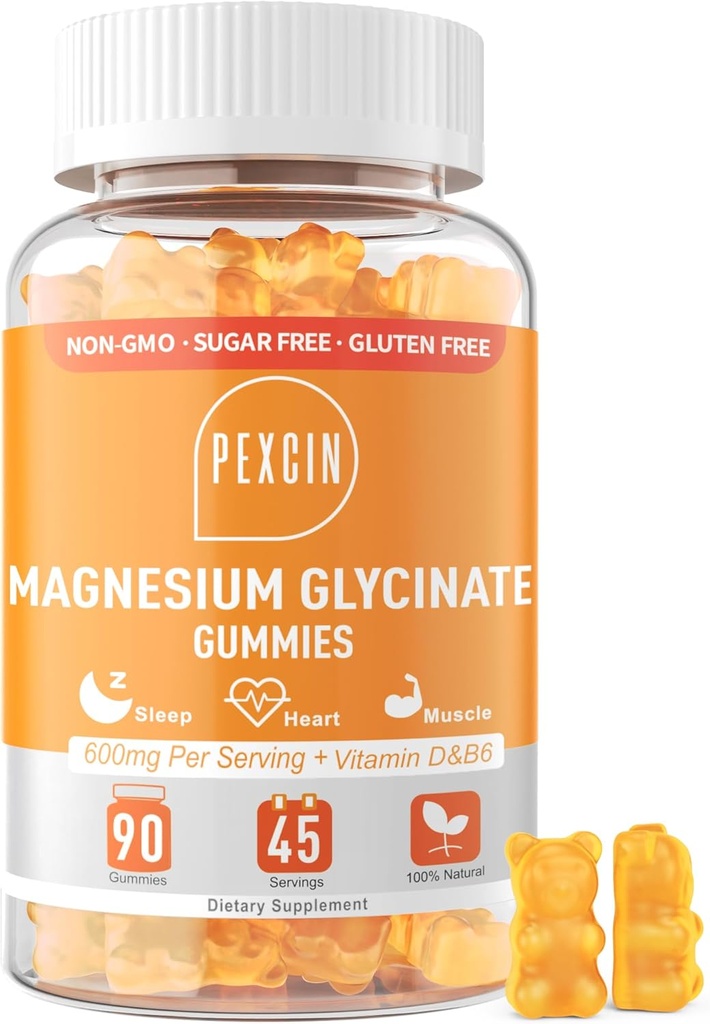Glycinat de magnésium pour adultes et enfants, 1000mg supplément complexe de magnésium haute absorption, sans sucre avec potassium, vitamine D&B6 pour calme, mieux dormir - 90 comtes orange