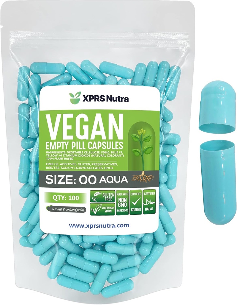 XPRS Nutra Size 00 Empty Capsules - 100 Count Empty Vegan Capsules - Vegetarian Empty Pills - DIY Vegetable Capsule Filling- Veggie Pill Caps (Aqua)