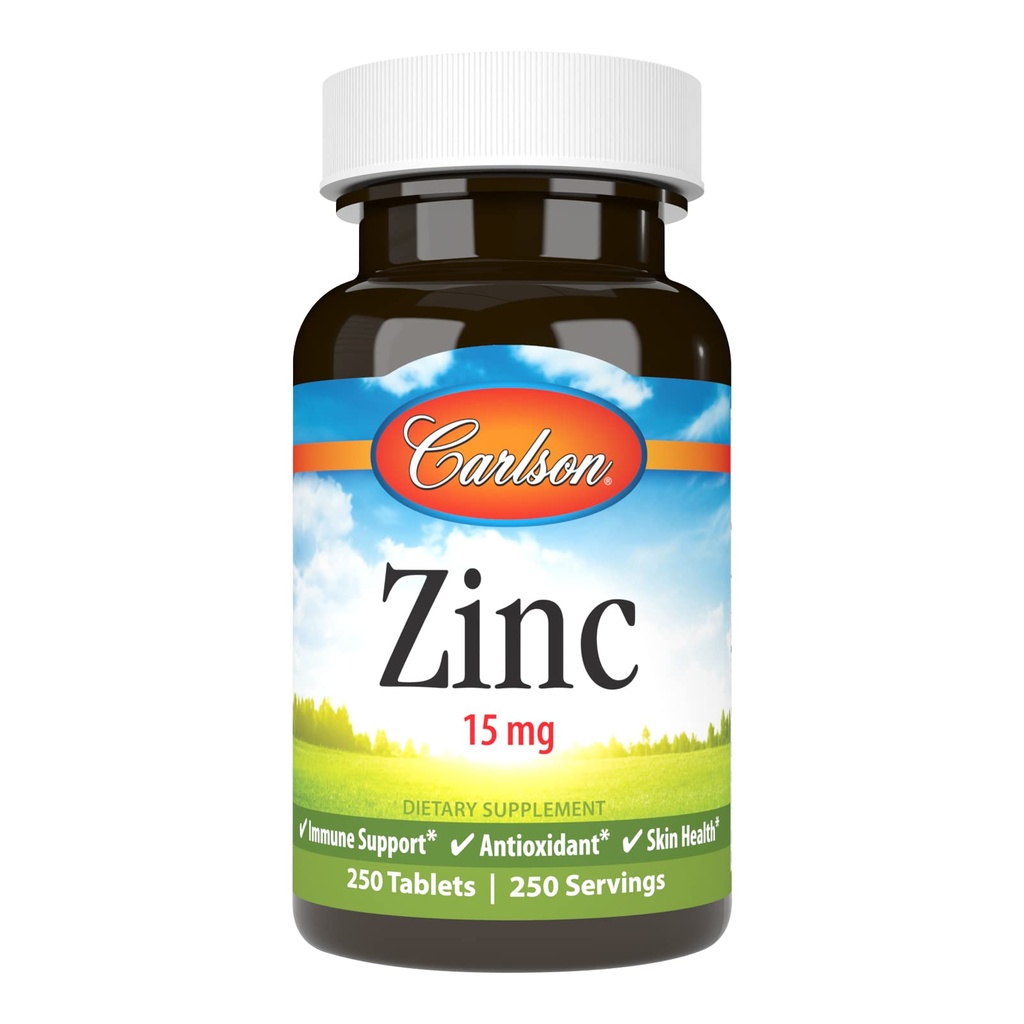 Carlson - Zink, 15 mg, Zink-Ergänzung, Zink-Gluconat, Immununterstützung & Hautgesundheit, Zink-Tabletten, Antioxidans, Zink-Kapseln, 250 Tabletten