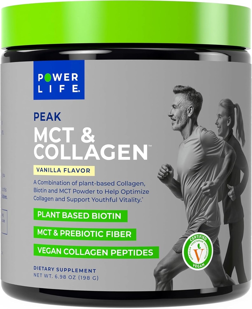 Power Life® Peak MCT Powder Supplement mit pflanzenbasiertem Kollagen und Biotin - Vanille Flavor (30 Servierungen)
