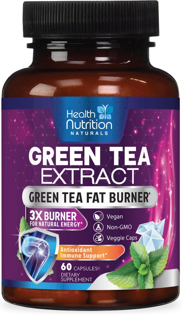 Capsules d'extrait de thé vert - Standardisé 45% EGCG & 98% Polyphénols - 3X Strength Green Tea Natural Energy, supplément à base de plantes avec le coeur et le soutien de santé antioxydant, mis en bouteille aux États-Unis - 60 Capsules