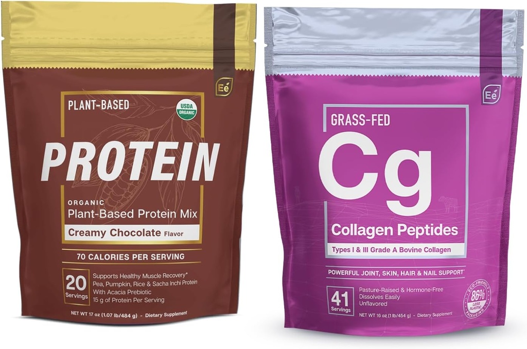 Wesentliche Elemente hydrolysierte Collagen Peptide Pulver & Organische Pea Protein Pulver - Creamy Chocolate | Joint, Haut, Haar, & Nail-Unterstützung + Low-Carb Pflanzenbasierte Vegan-Mischung