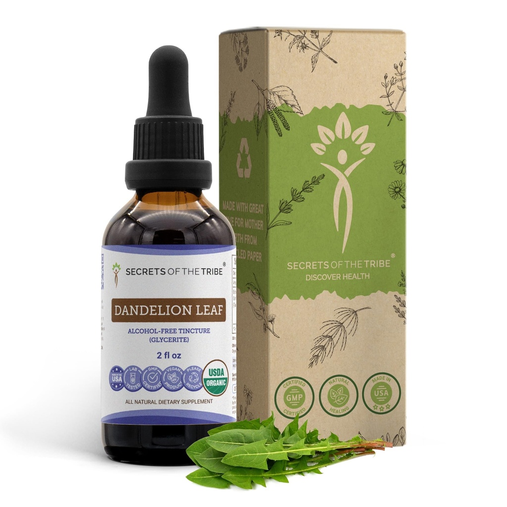 Secrets of the Tribe Dandelion Leaf USDA Organic | Alkoholfreier Extrakt, hochkarätige Kräutertropfen, Verdauungssystem | Hergestellt aus 100% Certified Organic Taraxacum Officinale Dried Leaf 2 oz