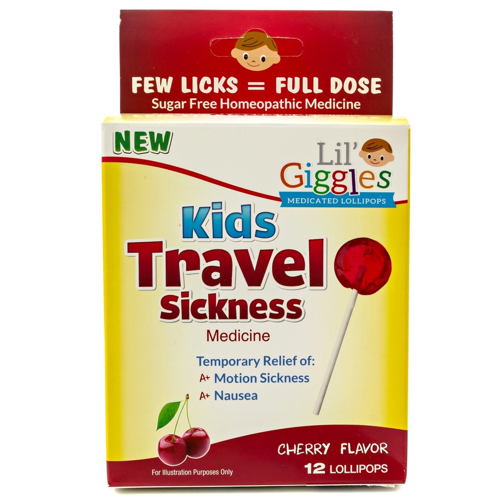 Lil' Giggles Kids Lollipops médicamentés - Sweet Gentle Relief for Kids & Non-rowsy - pour la maladie de la voiture, voyage Nausées & Motion Relief Maladie - homéopathique Remède Amour des enfants - Cherry Flavor 12 CT