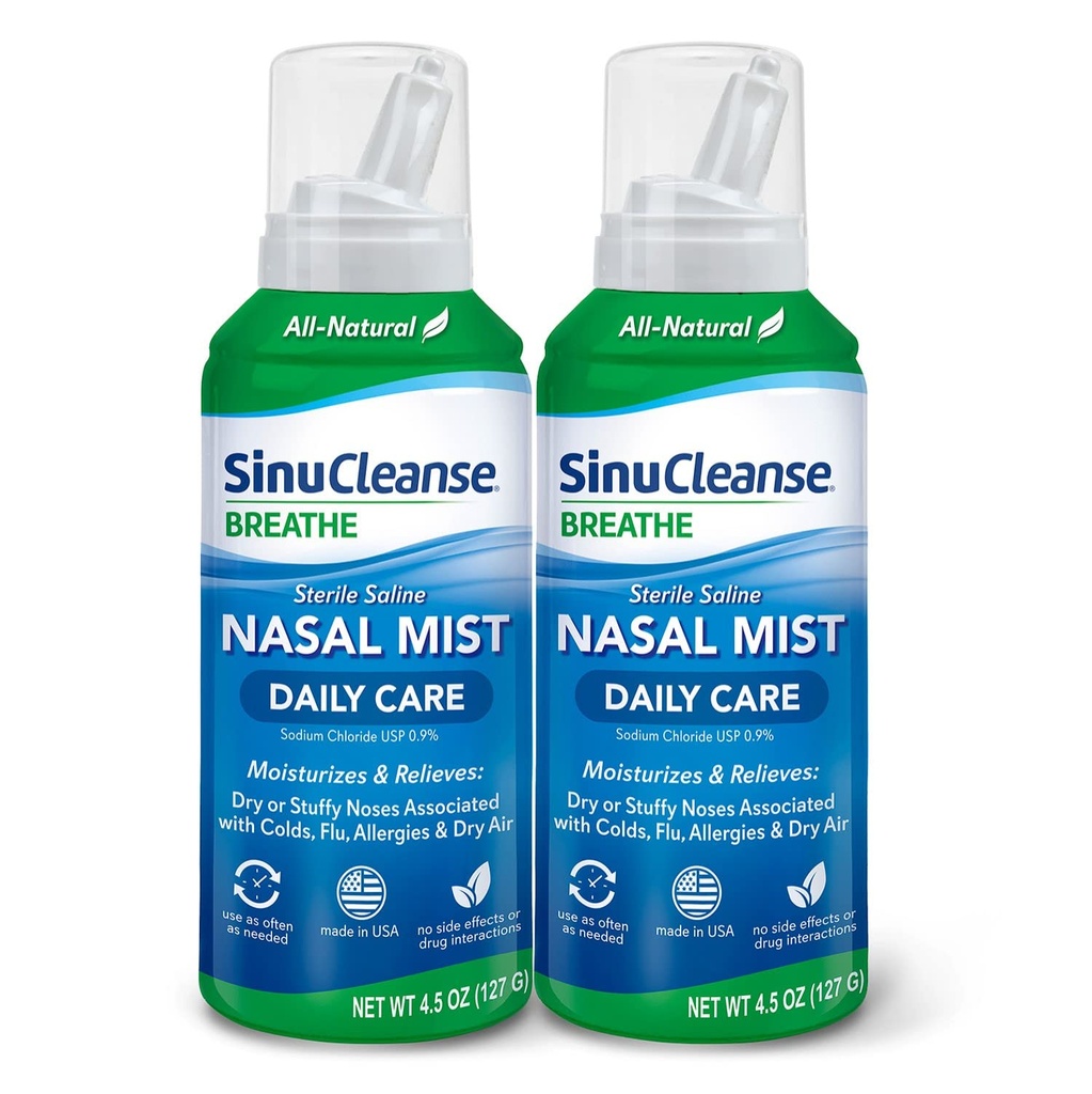 SinuCleanse Daily Care Steril Saline Nasal Spray, Ultra Fine Mist, Instant Moisturizes & Relieves Everyday Nasal Congestion Due Colds & Dry Air, 4.5 Oz (2 Pack), Made in USA
