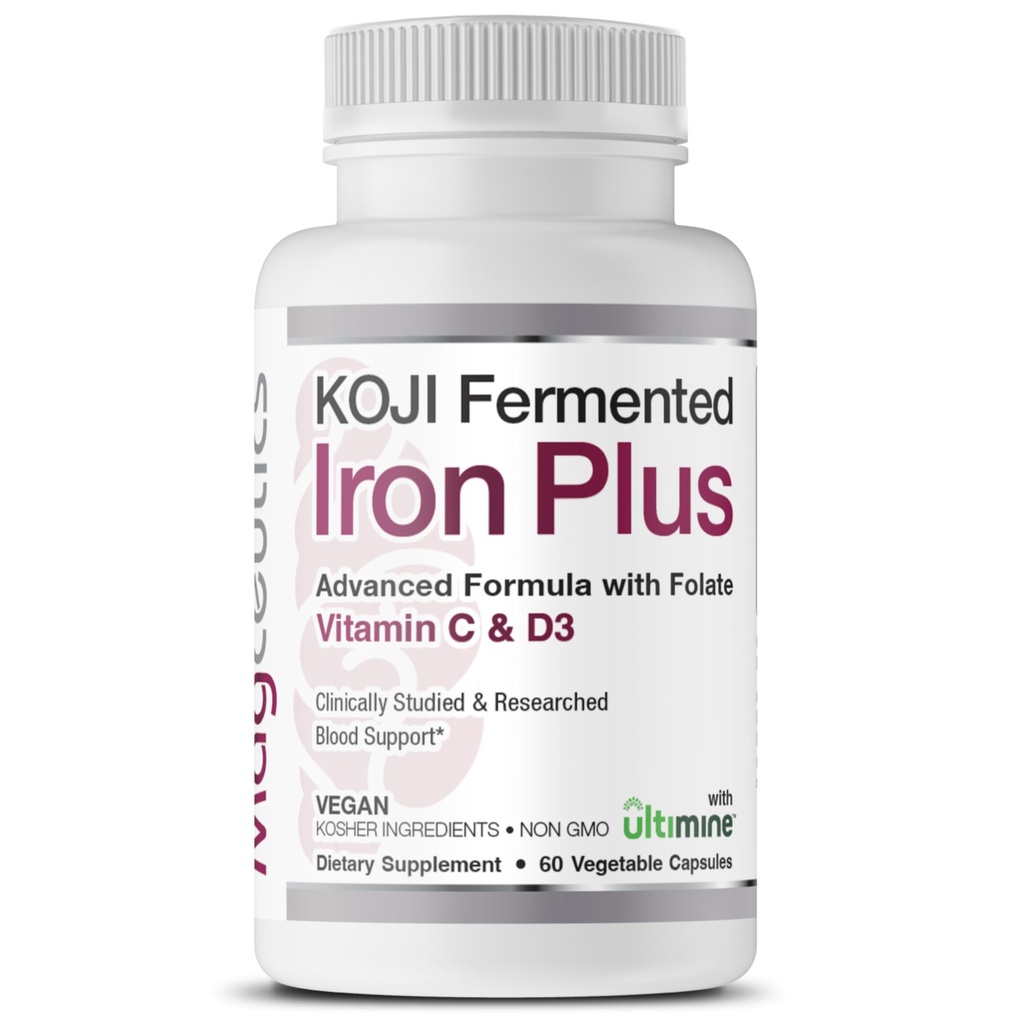 Koji Fermented Iron Plus - Eisen-Ergänzung mit Vitamin C, Vitamin D3 und Folate für Blutunterstützung, leicht absorbiert und Bioverfügbar, Stomach Friendly, Vegan, Non-GMO - 60 Kapseln