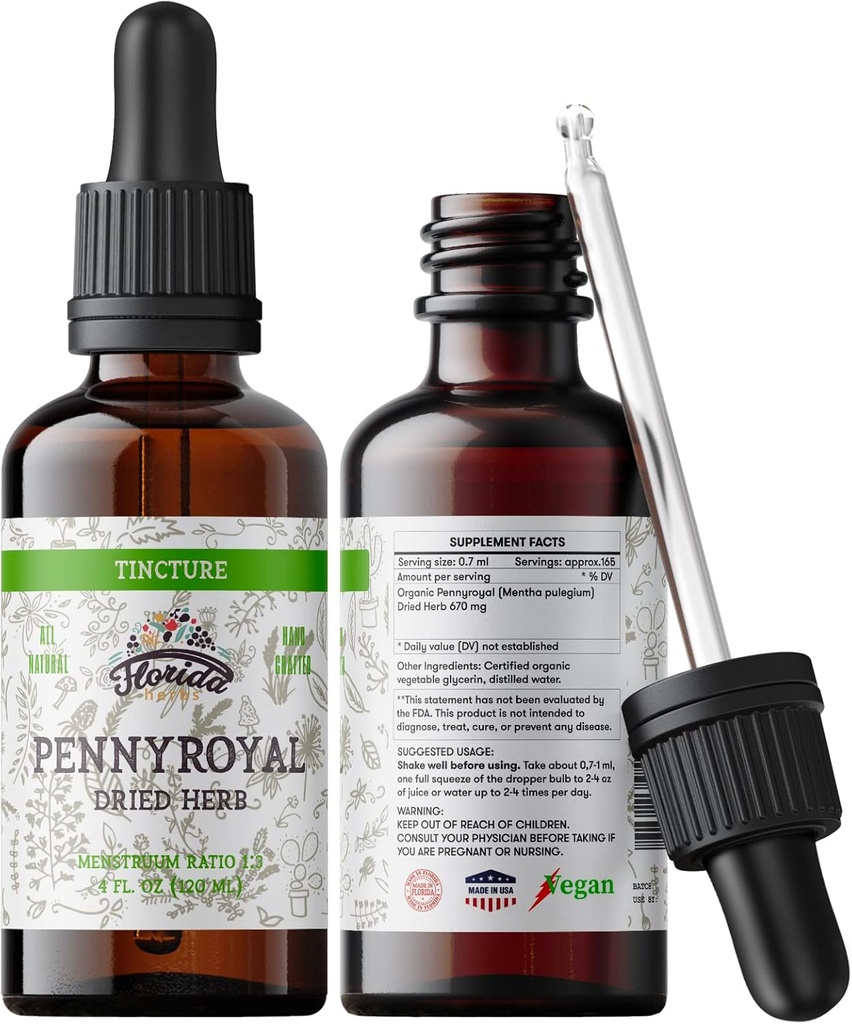 Pennyroyal Tincture, Organic Pennyroyal Extract (Mentha pulegium) Getrocknete Kräuter, Non-GMO in Kaltgepresstem Bio Gemüse Glycerin 2 oz, 670 mg