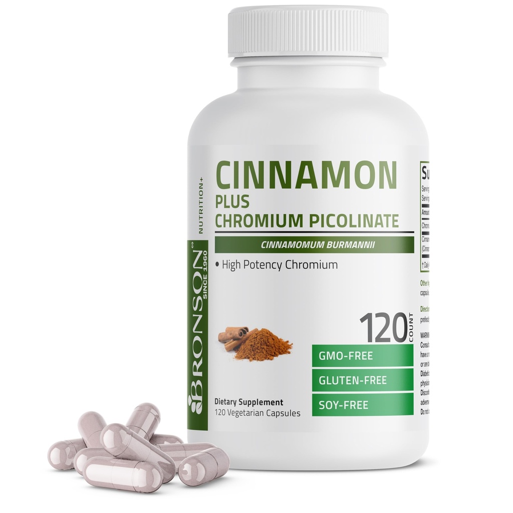 Bronson Cinnamon Plus Supplément de picolinate de chrome, Chromium de haute puissance, Non-OGM, 120 Capsules végétariennes