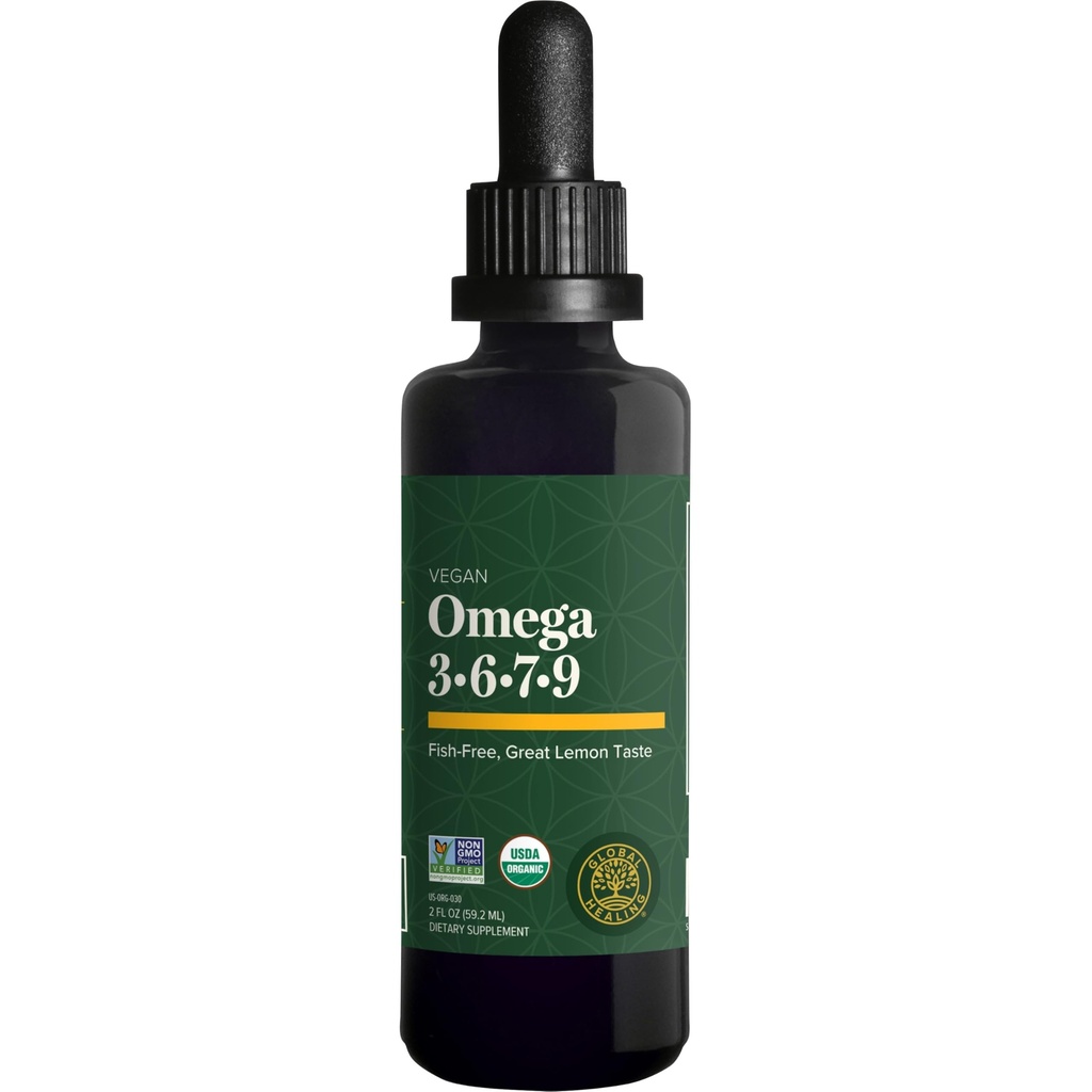 Global Healing Organic Omega 3 6 9 und 7 (Seaberry CO2 Extract) - Fish-Free, Non-GMO Omega 3 Supplement für Damen und Herren, Enthält Perilla Seed & Flaxseed Oil - Fish Oil Alternative - 2 Fl Oz