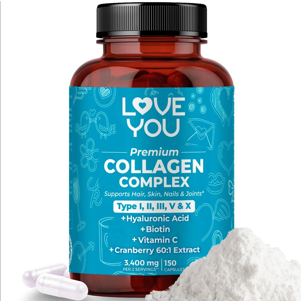 Love You Premium Collagen Complex – Types I, II, III, V & X – Cheveux, peau, ongles, articulations et soutien Gut – Peptides de collagène bovin hydrolysé – gazon, non-OGM, 120 capsules, États-Unis Fabriqué