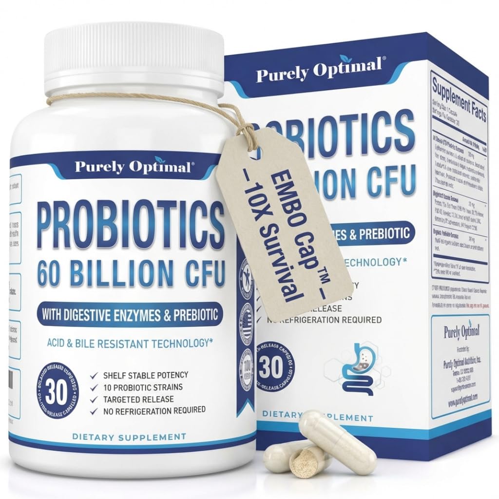 Probiotiques premium purement optimaux 60 milliards UFC avec prébiotiques organiques et enzymes digestives