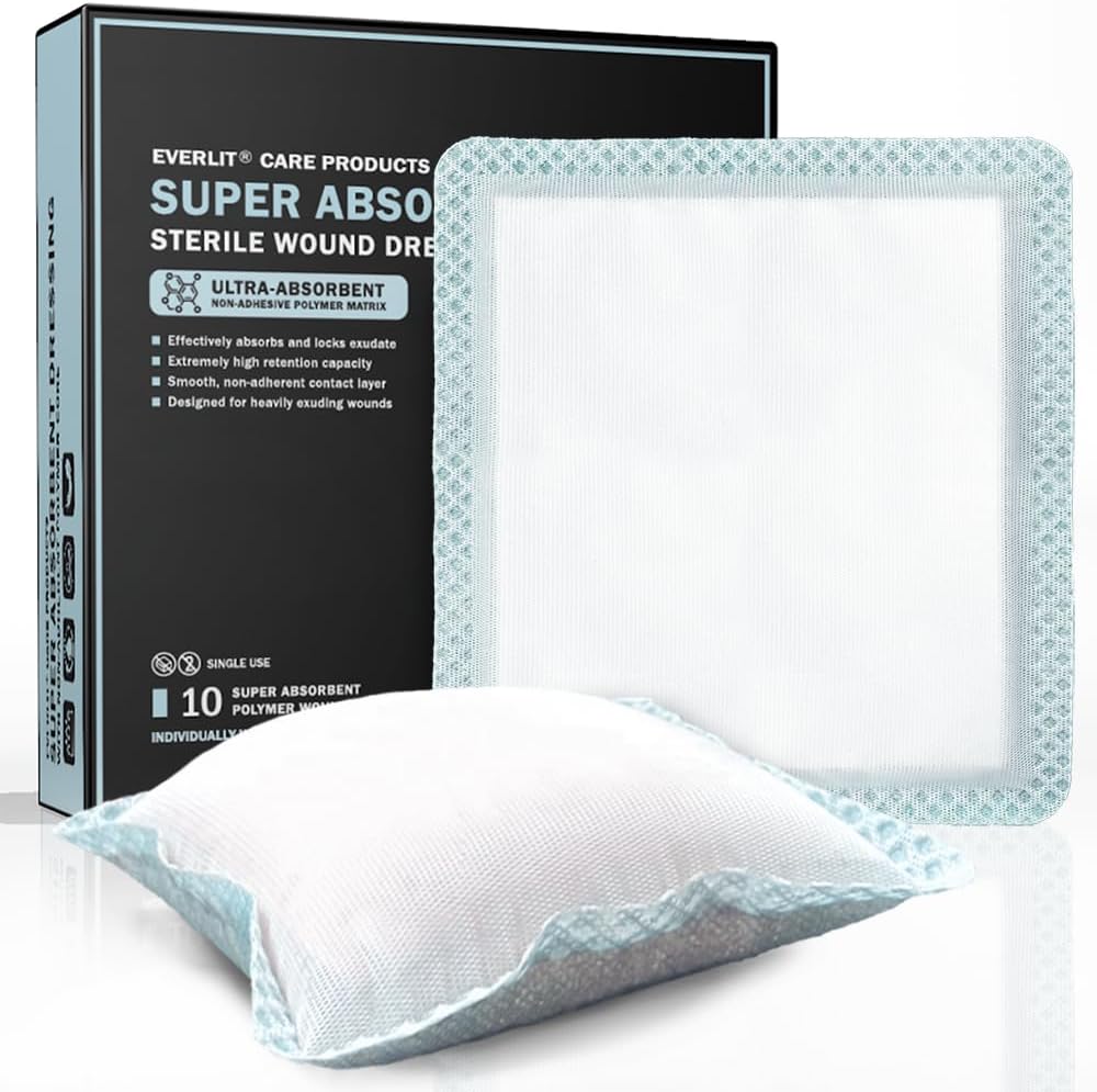 EVERLIT Super-Absorbens-Kleidung für Wund Pflege | Antihaft weiche chirurgische Gauze Pad für schwer erhabene Wunden | Große sterile nicht-klehesive Bandage für schnelle Heilung Wound Pflege | Pack von 10 (6" x 6")