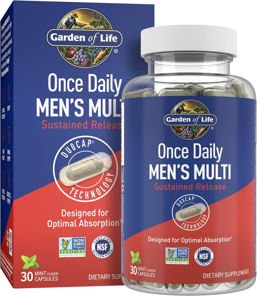 Jardin de la vie une fois par jour multivitamine pour les hommes avec vitamine D3 pour la fonction musculaire optimale et le système immunitaire support, le mélange de soutien énergétique avec K2, sans gluten, non-OGM, menthe éprouvée, 30 jours d'approvisionnement