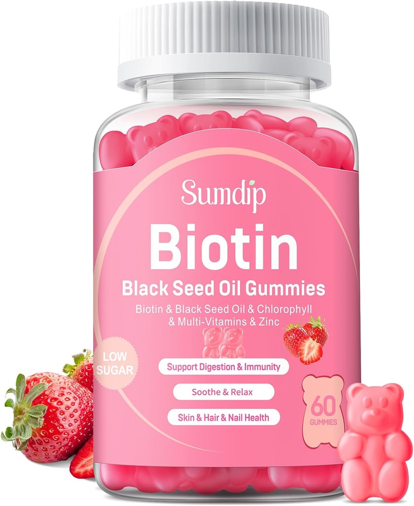 Gommies d'huile de graines noires avec biotine, immunosupport cheveux et peau et ongles sains pour les femmes et les hommes, chlorophylle, zinc, vitamine A, B6, B12, C, D, E, supplément végétalien - 60 Gommies