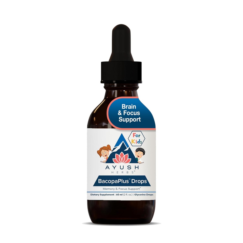Ayush Kräuter BacopaPlus Tropfen für Kinder - Kinder Fokus und Aufmerksamkeit Ergänzung mit Bacopa, Ashwagandha, Ginkgo, Unterstützung für Gehirn & Gedächtnis, Organische Zutaten - 2 Fl Oz (80 Servierungen)