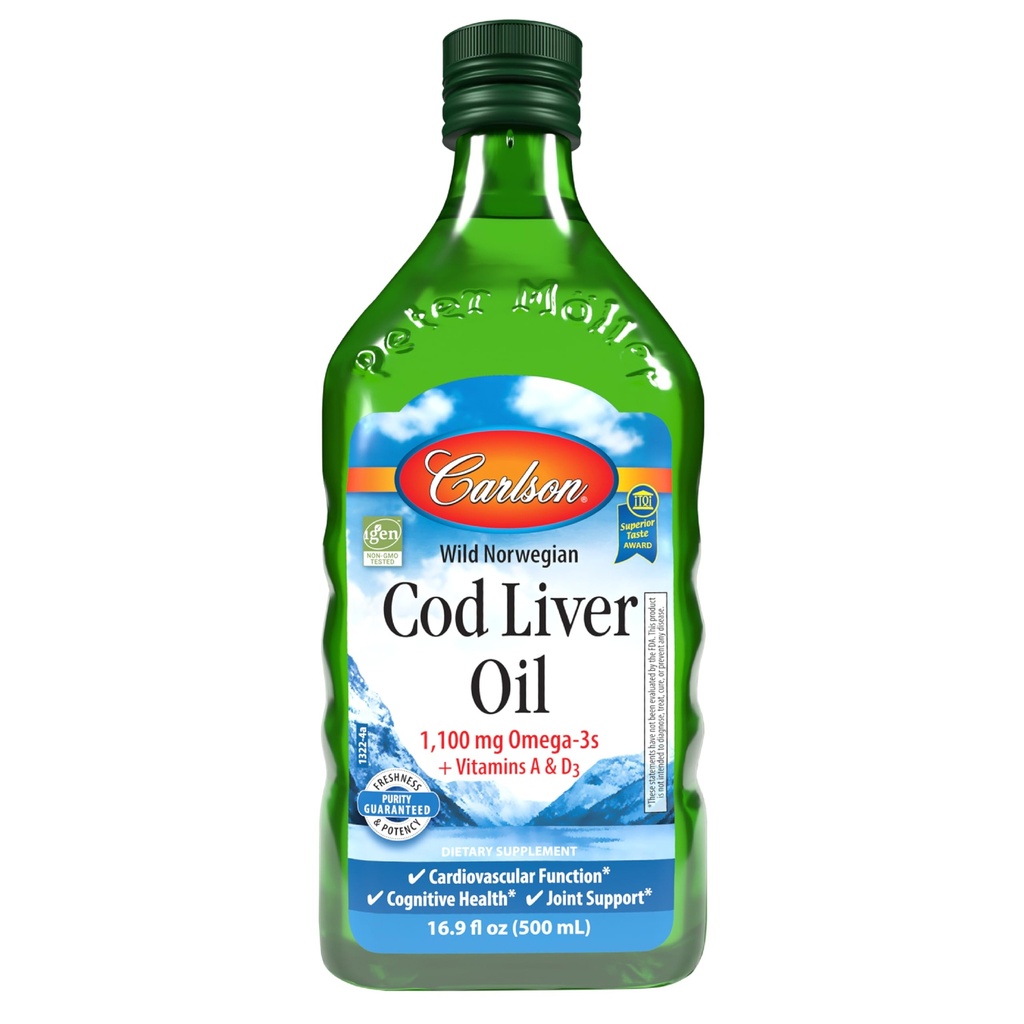 Carlson - Cod Liver Oil, 1100 mg Omega-3s, Wild-Caught Norwegian Arctic Cod-Liver Oil, Sustainable Sourced Nordic Fish Oil Liquid, Unflavored, 500 ml (16.9 Fl Oz)