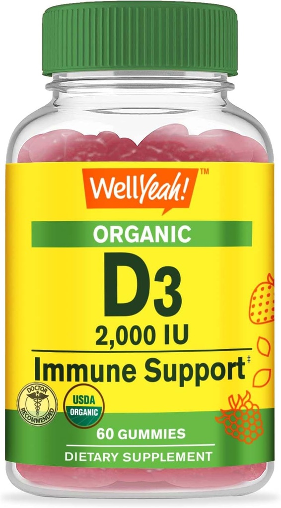 Wellja Bio Vitamin D3 2.000 IU (50 mcg) Gummi - Unterstützt Knochen, Muskelkraft und Immunität - Non-GMO, Glutenfrei - USDA Organic - Natürliche Aromen - 60 Gummie