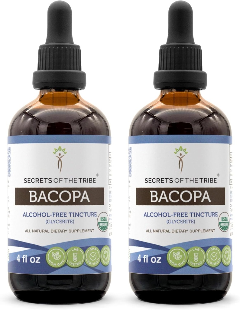 Secrets of the Tribe Bacopa USDA Organic | Alkoholfreier Extrakt, hochkarätige Kräutertropfen | Herb aus 100% Certified Organic Bacopa (Bacopa Monnieri) Getrocknete Kräuter (2x4 oz)