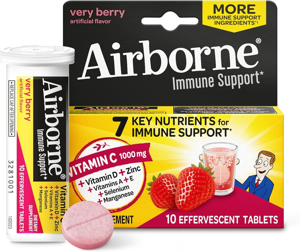 Vitamine C 1000mg (par portion) - Comprimés effervescents à base d'air comprimé (10 Compte dans une boîte), Supplément de soutien immunitaire sans gluten, avec vitamines A C E, ZINC, Sélénium, Echinacea & Ginger