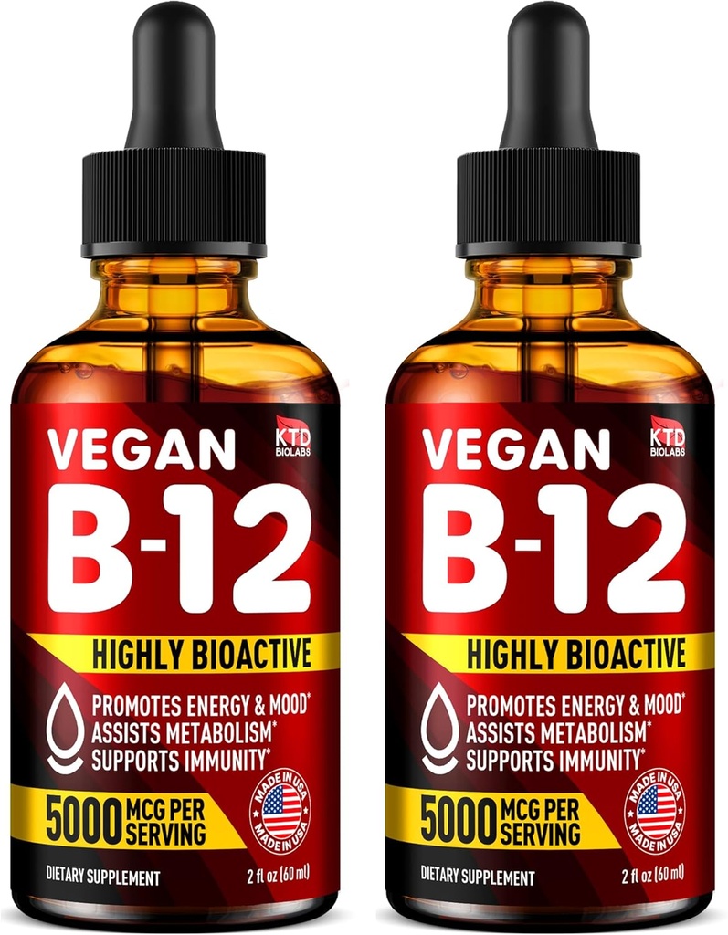 Pack von 2 - B12 Sublingual 5000 mcg Drops - Made in USA - Vegan B12 Vitamine für Energie, Stimmung & Gedächtnis - Hochverfügbare Sublingual Drops - Methylcobalamin für Frauen & Männer - 2 fl. oz.