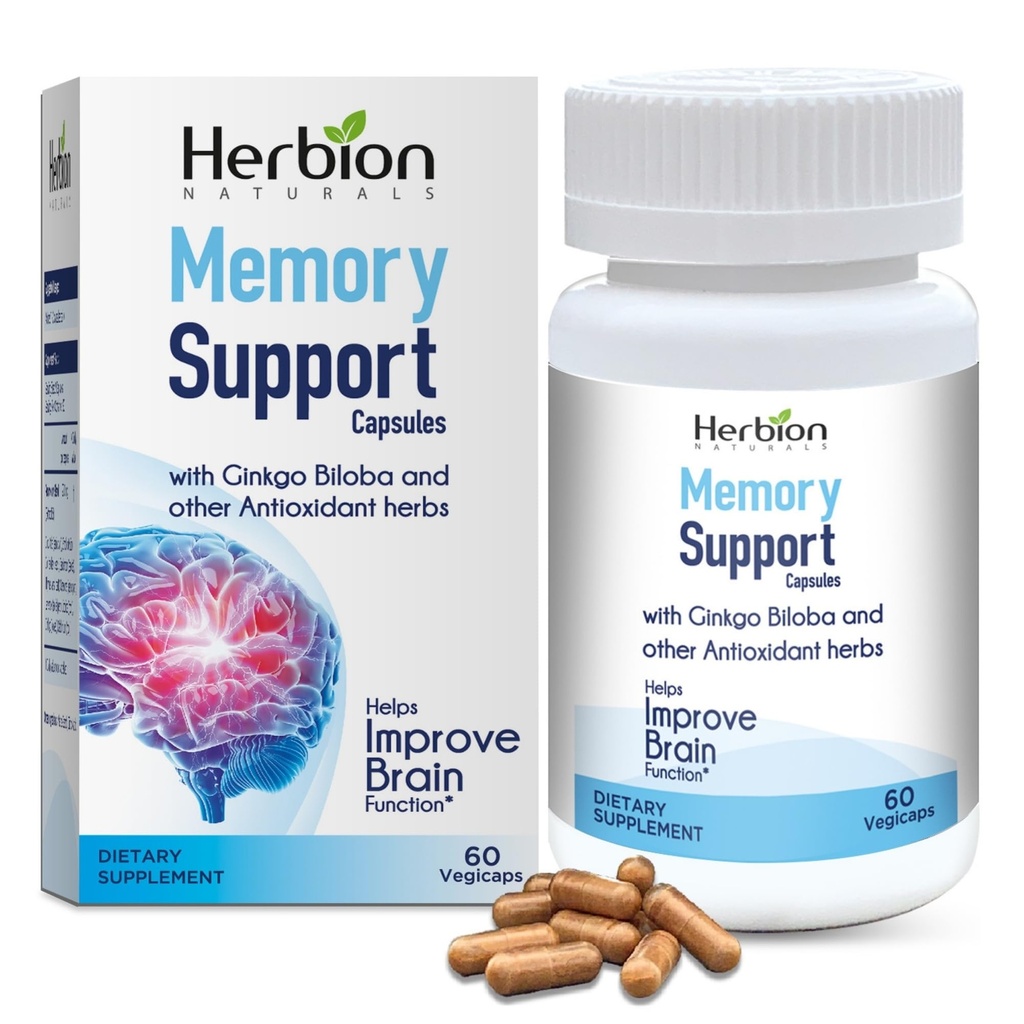 HERBION Naturals Memory Support Capsules, Hilft zur Verbesserung der Gehirnfunktion & Absent Mindedness, hält Gesunde Stimmung Ebenen mit Ginkgo Biloba, für Erwachsene, 60 Zähler, Packung von 1