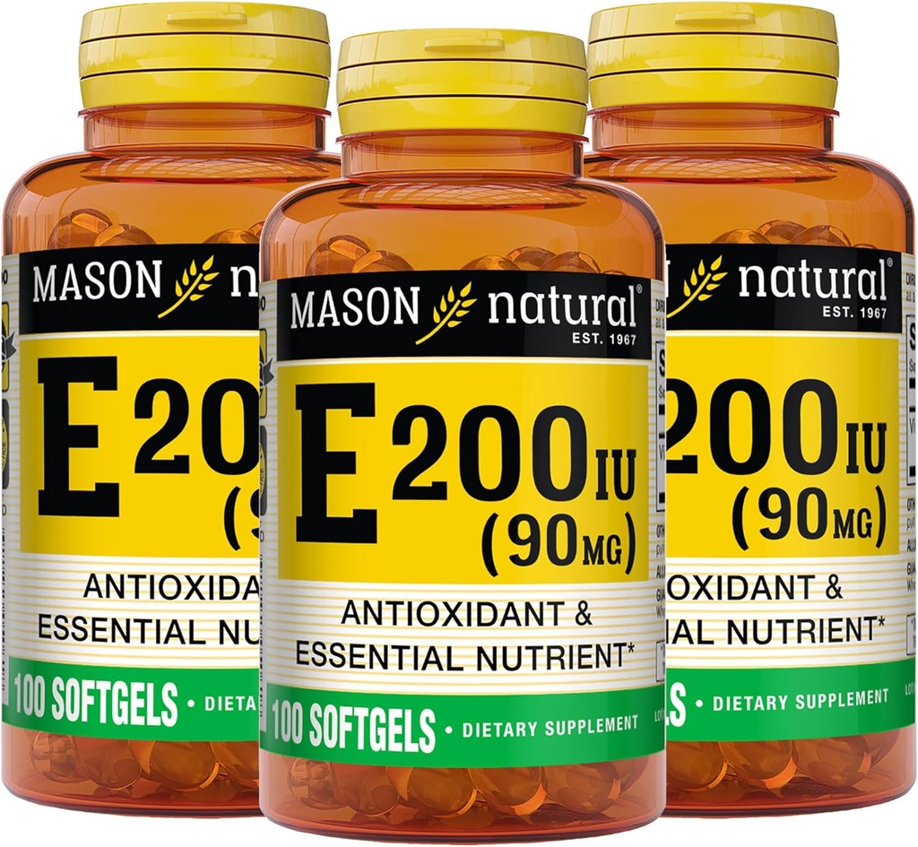 MASON NATURAL Vitamin E 90 mg (200 IU) - Antioxidans und essentielle Nährstoffe, Gesundes Immunsystem, Haut und Augen, Ganzkörperergänzung, 100 Softgels (Pack von 3)