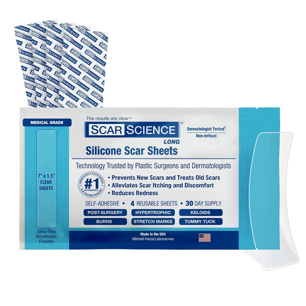 Medical Grade Silikon Schal Blatt - 7" wiederverwendbares Wasser-Resistant Silikon Tape für Schals - Klares atmungsaktives Tape für C-Section, Tummy Tuck, Chirurgische Narben und Keloide - 4-Pack